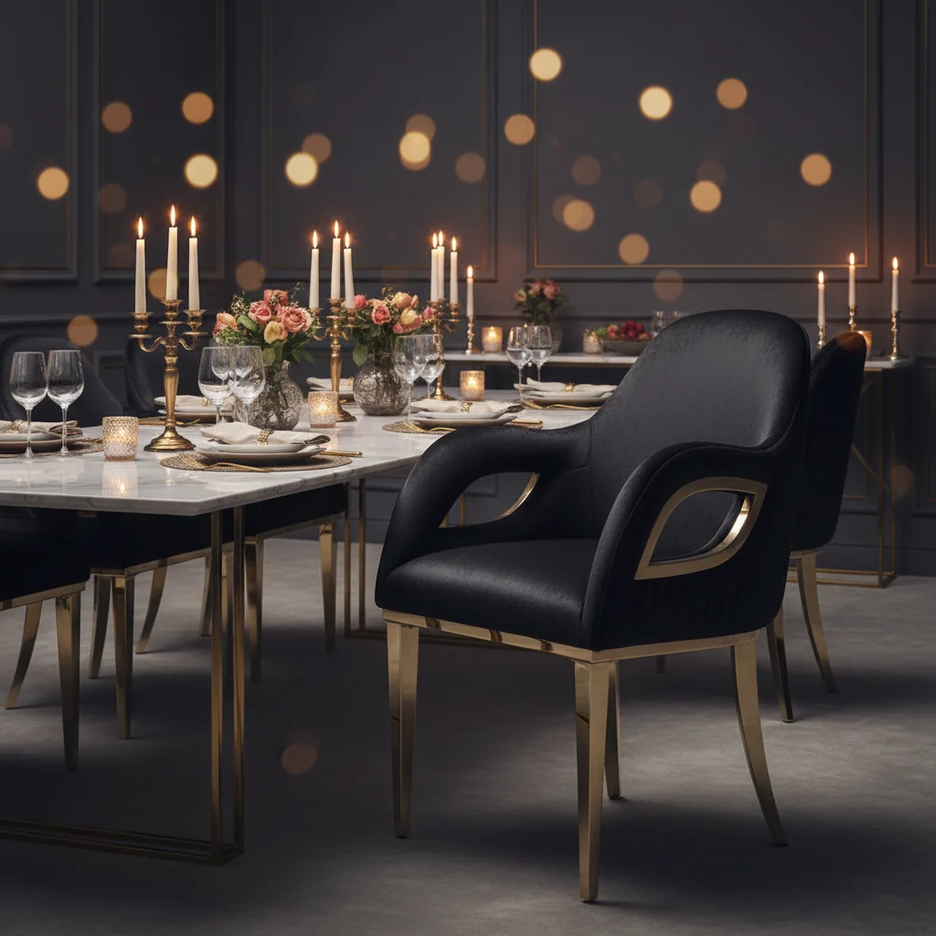 Black Velvet Channel Tufted Armchair Dining Chair with Gold Legs for 1 Person