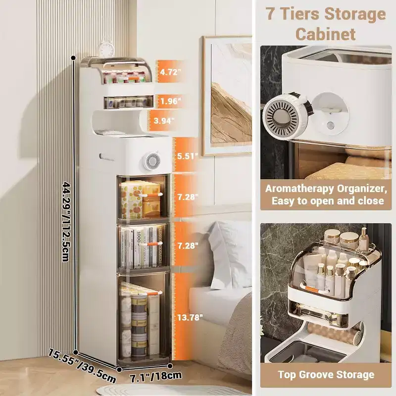 Slim Bathroom Cabinet, 7-Tier Narrow Storage Cabinet- with Waterproof Organizers&Tissue Box Holder&Wheels, Ideal for Bathroom, Kitchen, Laundry