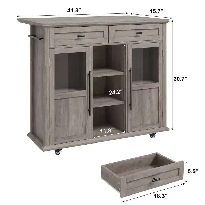 Storage Drawer, Foldable Kitchen Removable Storage Cabinet with Folding Top - 2 Glass Doors, Spice Rack, Towel Rack for Living Room, Kitchen