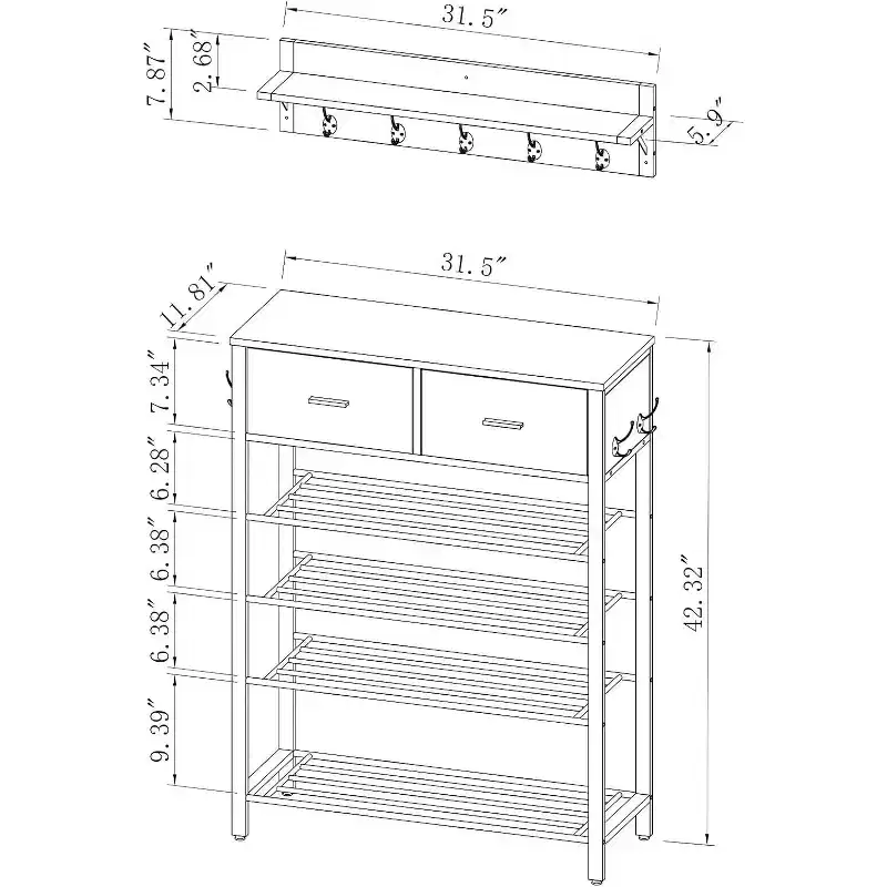 Gray, Industrial Style, 4-Tier Shoe Rack with 2 Drawers & Hooks