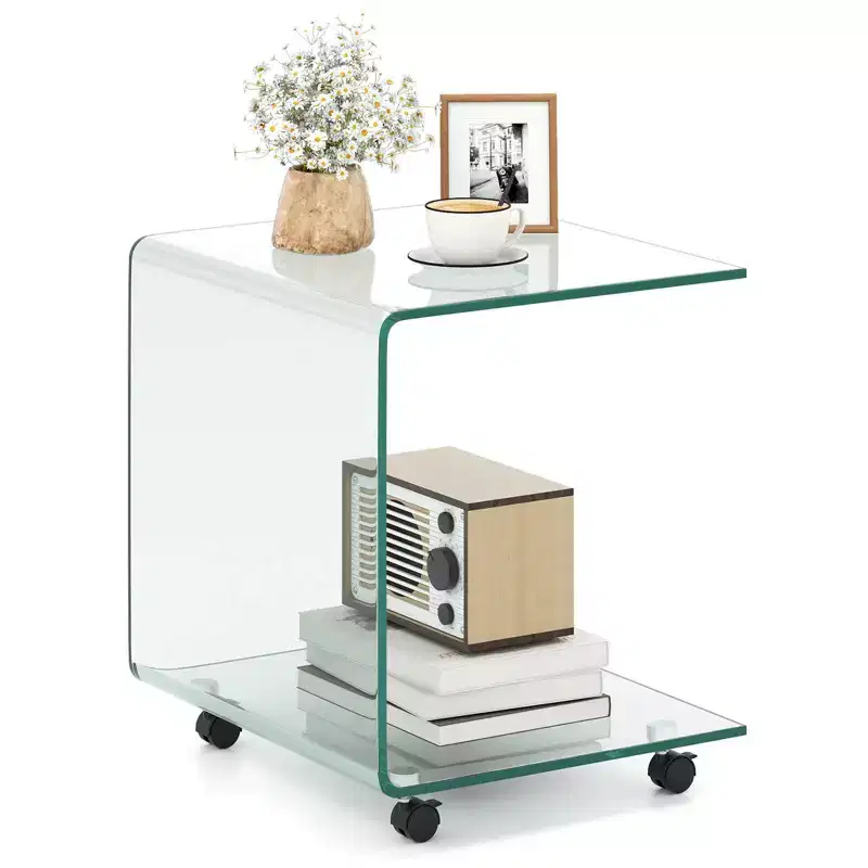 Costway 1/2 PCS C-Shaped End Table with 2-tier shelf, 4 Swivel Lockable Wheels for Living Room Transparent/White