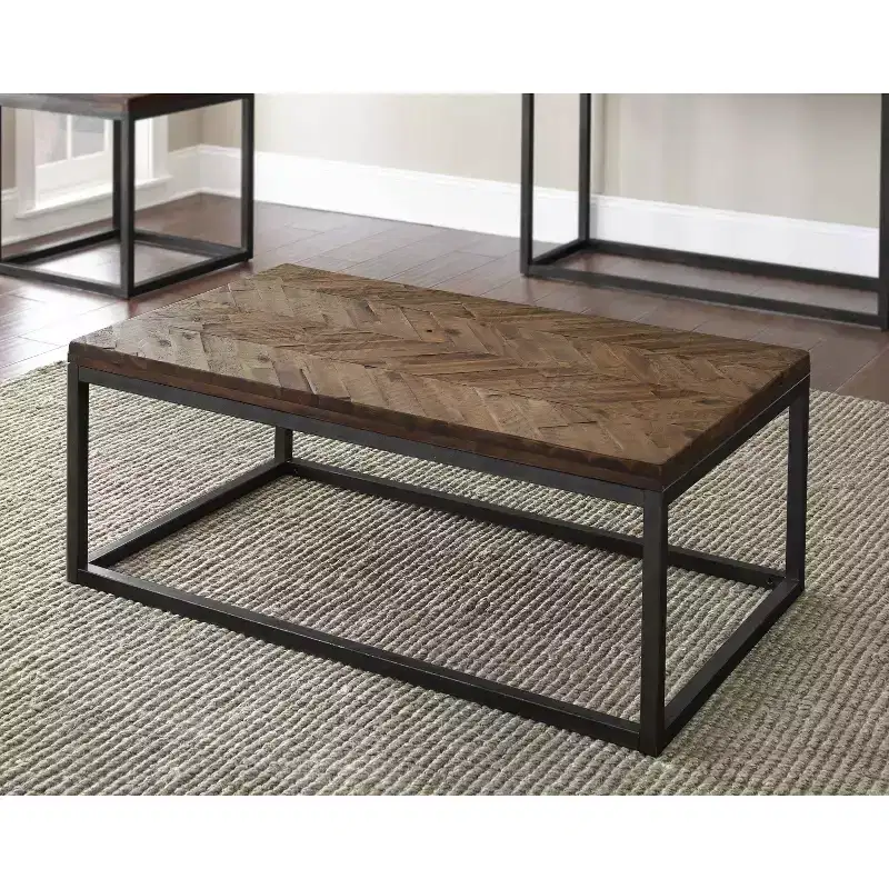 Lorenza Cocktail Metal Table Brown - Steve Silver Co.: Acacia Wood, Herringbone Pattern, Vintage Nickel Base