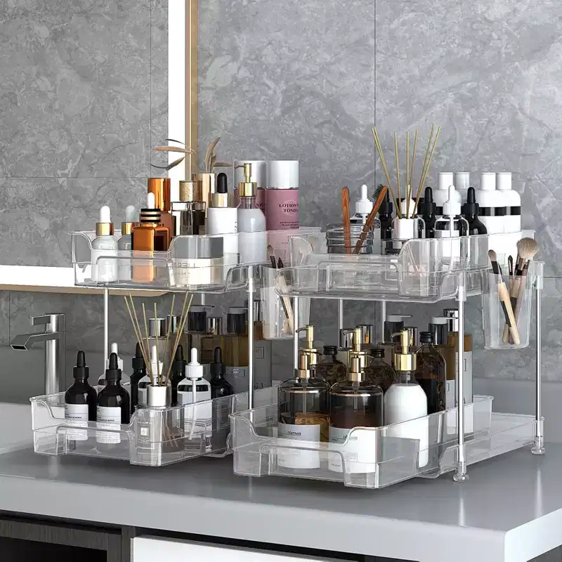 Pull Out Makeup Organizer, 2-Tier Clear Slide Out Shelves with Dividers, 8. 3W11. 4D8. 6H for Kitchen/Bathroom
