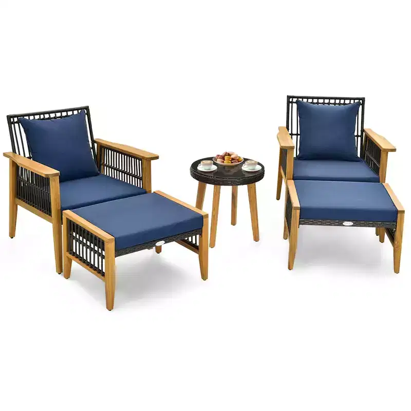 Costway 5 Pcs Patio Acacia Wood Wicker Woven Furniture Set with Coffee Table & 2 Ottomans Navy/Beige