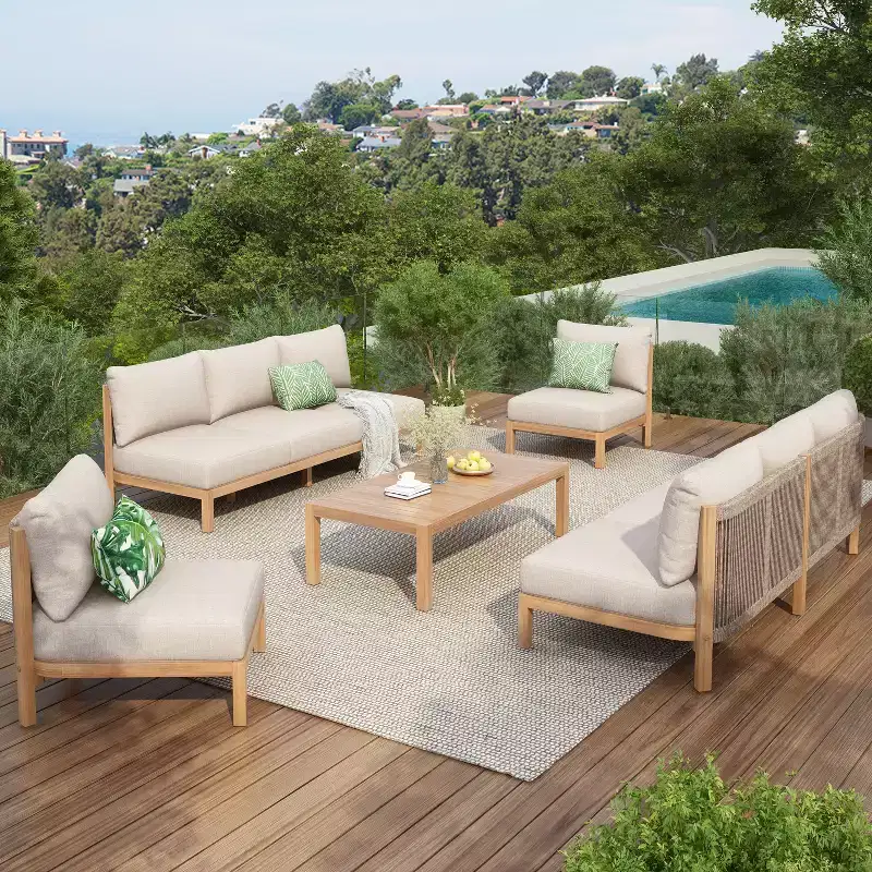 Christopher Knight Home Panupong Modern 5 Piece Acacia Wood Patio Seating Set with Rope-Braided Backrest and Cushions