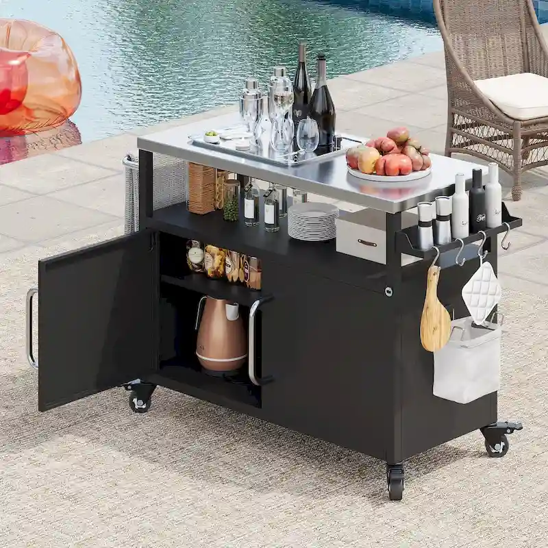 Outdoor Kitchen Island with Stainless Steel Tabletop and Storage Cabinet