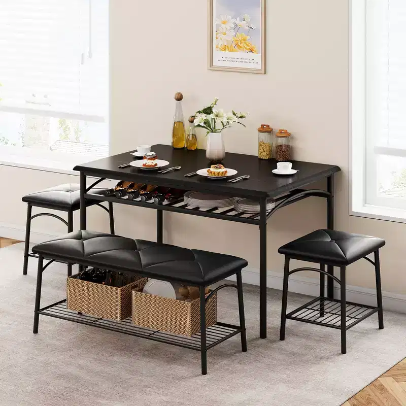Dining Room Table Set for 4, Kitchen Metal Table Set with Upholstered Bench & 2 Square Stools, 4 Piece Dinette Set with Storage Shelves