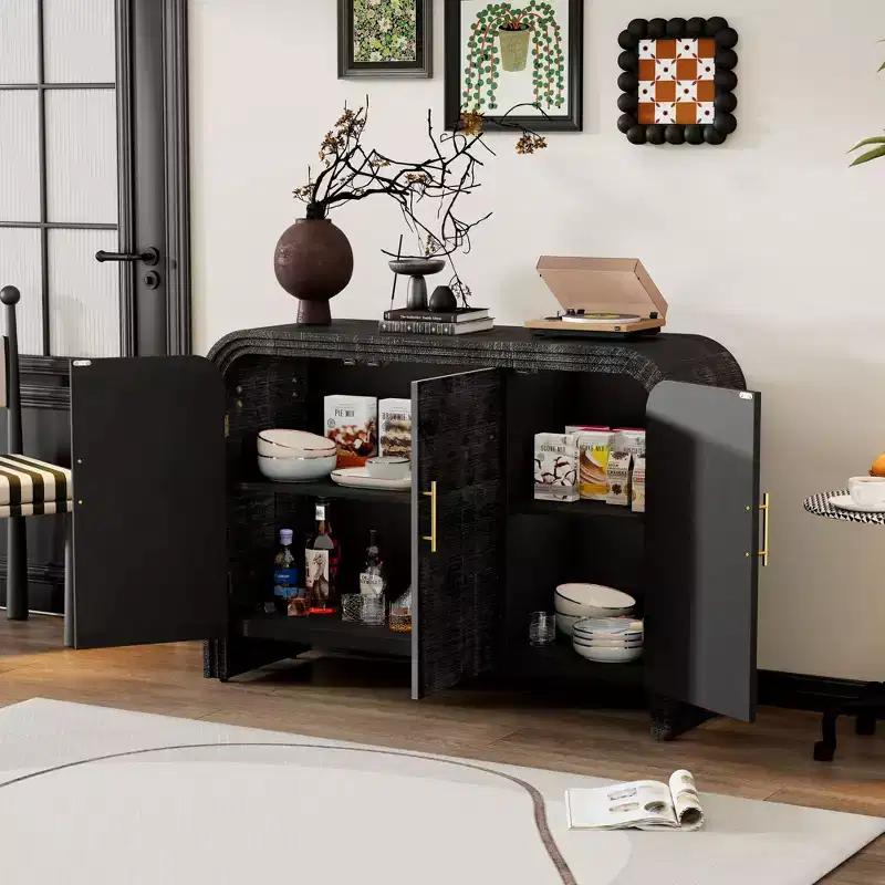 47.2W Retro Sideboard, Minimalist Curved Storage Cabinet with Gold Handles and Adjustable Dividers 4B -ModernLuxe
