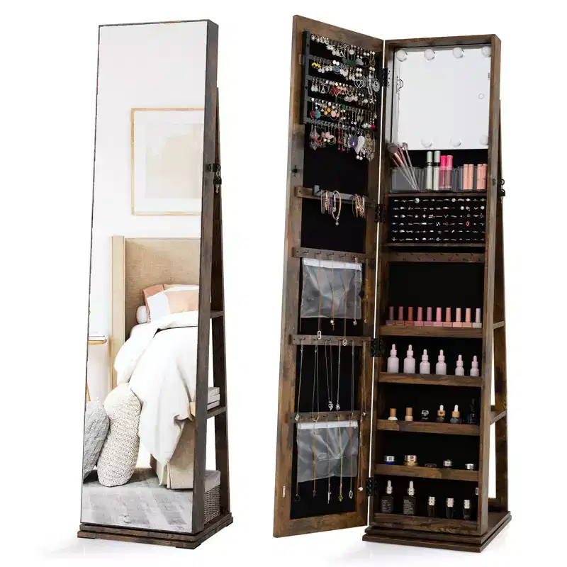 Costway 360 degree Swivel Jewelry Cabinet w/Full Length Mirror Back Shelves Lights for Bedroom