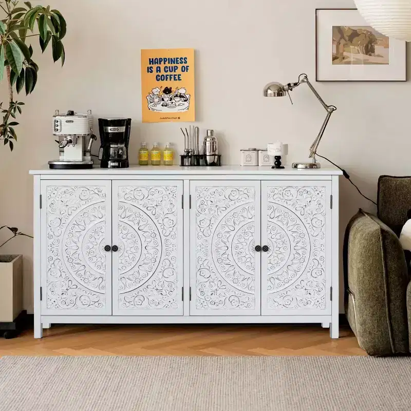60 White Boho Sideboard Buffet Cabinet, 4-Door Engineered Wood Credenza with Carved Floral Mandala Pattern - Panipeachy