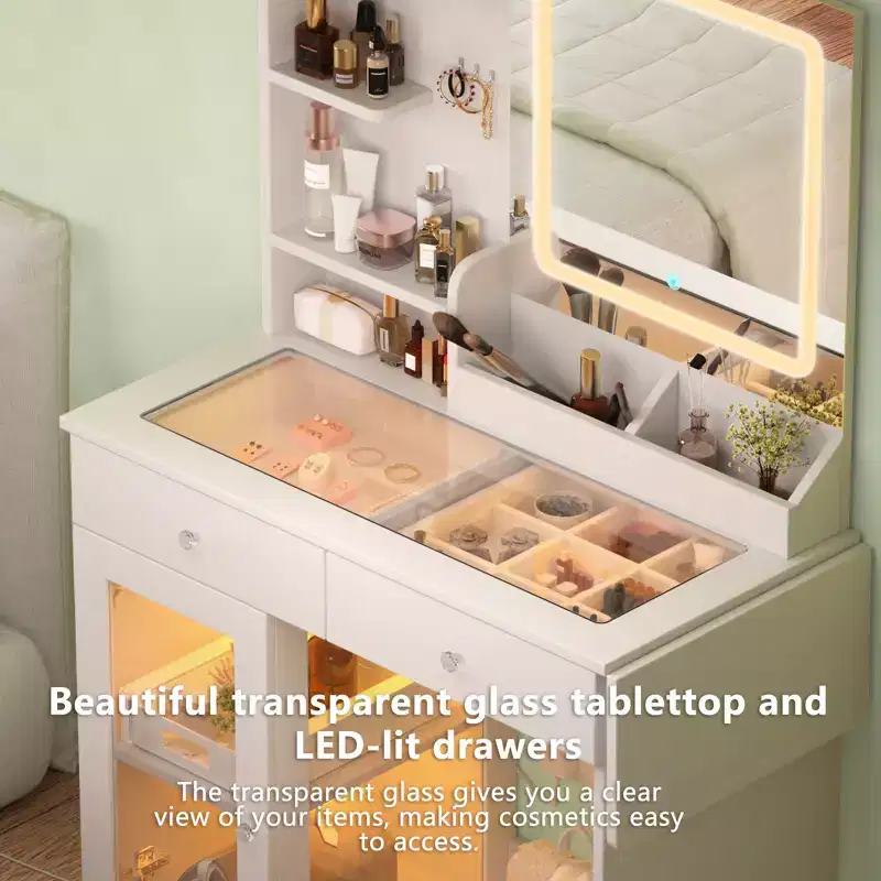 JVNOXK Vanity Desk Set with Lighted Mirror & Chair, Small Dressing Table with Glass Top, 2 USB Ports, Drawers & Storage Cabinet White