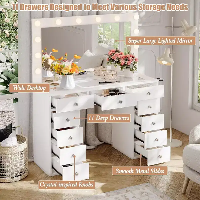 CuisinSmart Vanity Desk with Mirror, LED Lights & Power Outlet, Makeup Vanity Table with 7 Drawers Dressing Table for Bedroom, Dressing, Room