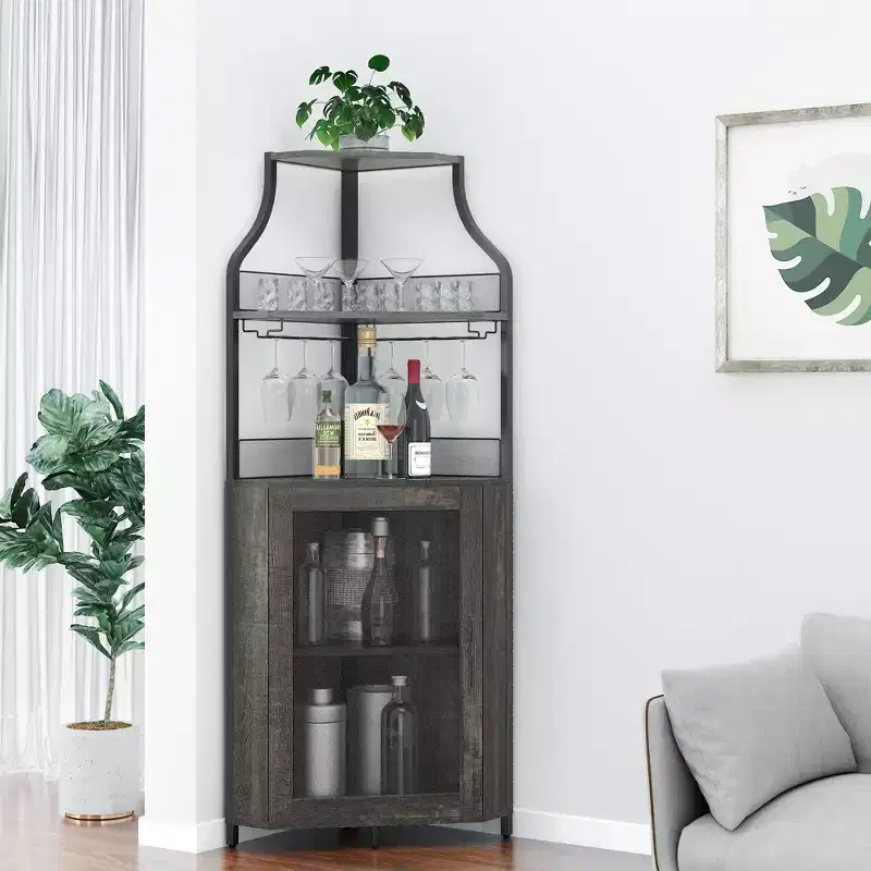 Corner wine rack, 5-layer shelf with removable wine rack, bar cabinet with glass rack, small dining cabinet and buffet cabinet with mesh door