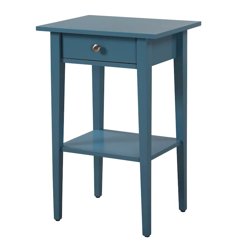 1-Drawer Wooden Nightstand with Open Shelf and Metal Glides – Black / Silver Champagne / Blue / Yellow / Oak / White / Cherry / Cappuccino / Pink / Smoked Gray / Beige, 1-Unit