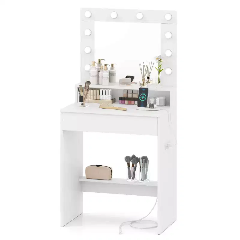 Vanity Desk with Mirror and Lights, 3 Light Modes & Adjustable Brightness, White