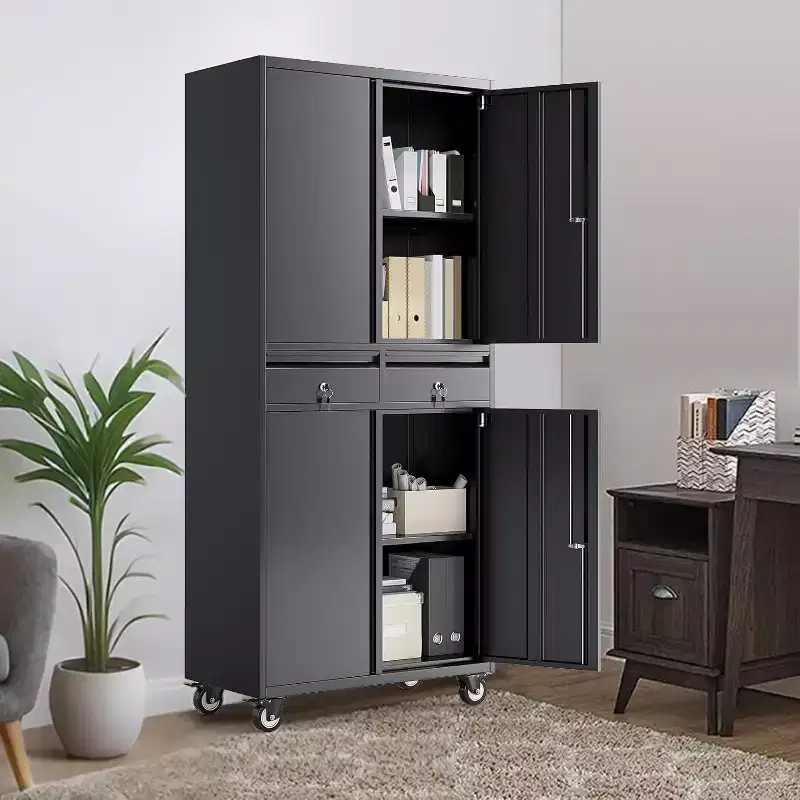 73 Metal Storage Cabinet, 2 Drawers, Locking Doors, Wheels, Adjustable Shelves, Heavy Duty for Garage, Office, Workshop, Black