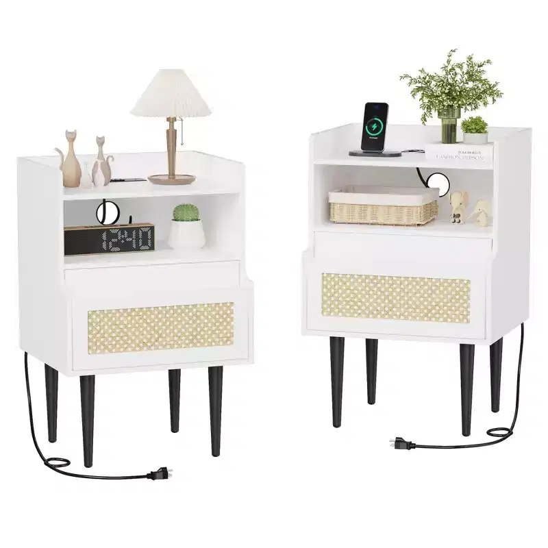Nightstand Bedside Table - Farmhouse with Charging Outlet, Rattan Drawer & Open Shelves, End Tables