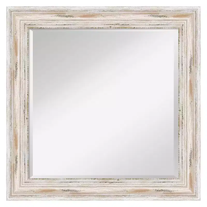 25x25 White Wash Framed Wall Mirror, Distressed Wood, Beveled Glass