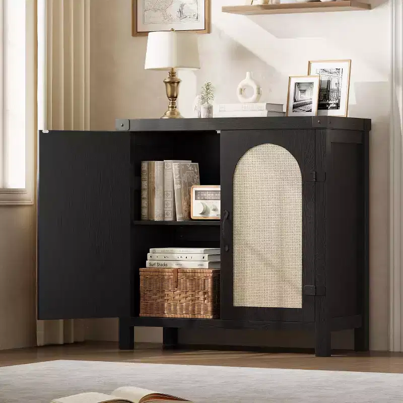 Sideboard with storage functionality, bohemian-style farmhouse sideboard featuring adjustable shelves and handles, suitable for kitchens
