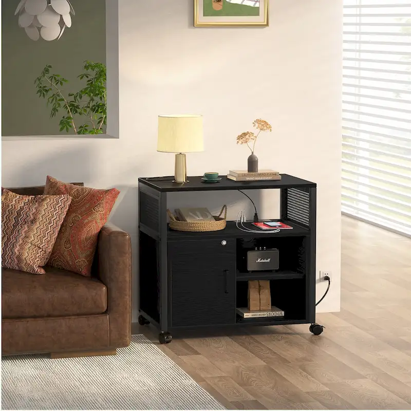 Rolling File Cabinet Lateral Office Filing Cabinets with Charging Station,Modern Printer Stand on Wheels