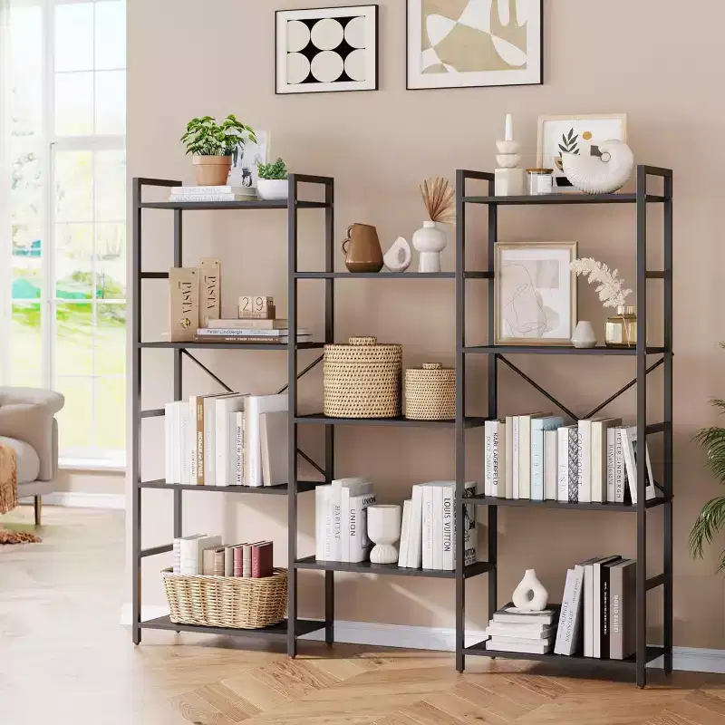Acekool Triple Column 4-Tier Bookshelf, Adjustable Industrial Bookcase with 11 Open Shelves, Large Storage for Living Room, Bedroom, Office, Brown