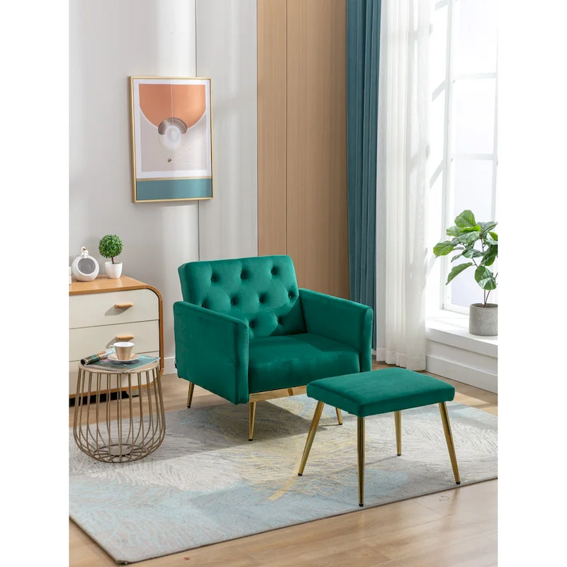 HOMEFUN Velvet Tufted Adjustable Armrests and Backrest Armchair with Ottoman