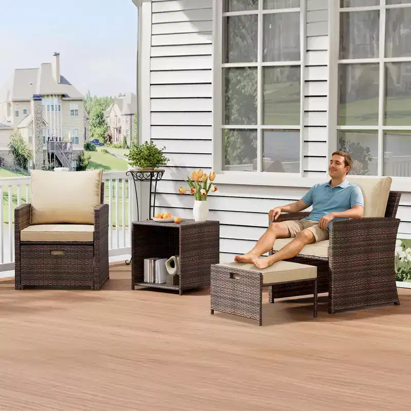5-Piece High Back Patio Conversation Set with 2 Ottomans and Table, All-Weather PE Rattan Lounge Chairs with Soft Cushions