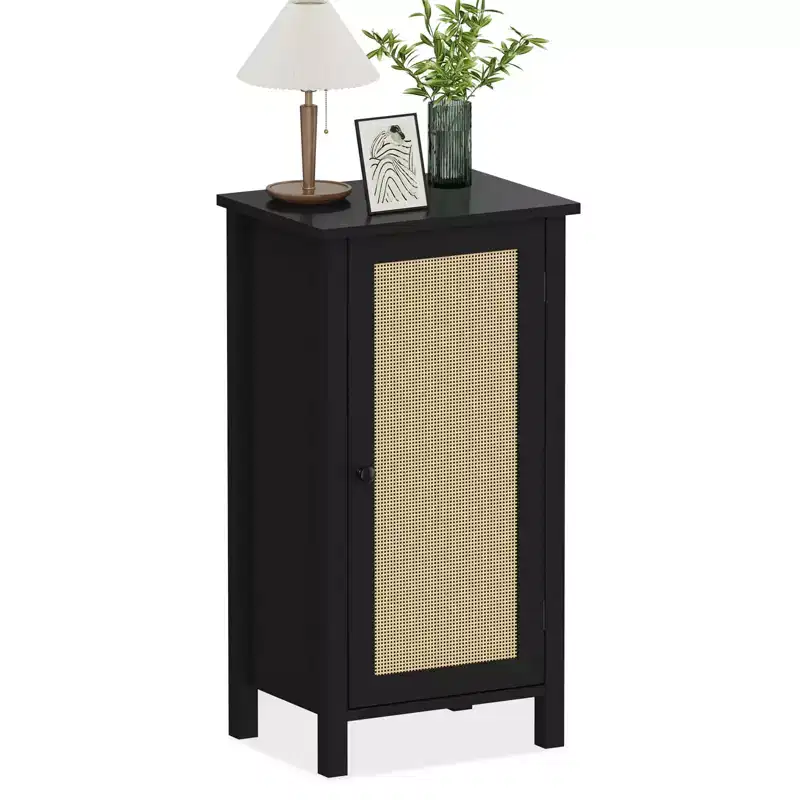 Modern Nightstand with Storage, 15.8W Wooden Sofa Side Table, Rattan Slim End Table, Bedside Table for Living Room Bedroom Sofa Couch