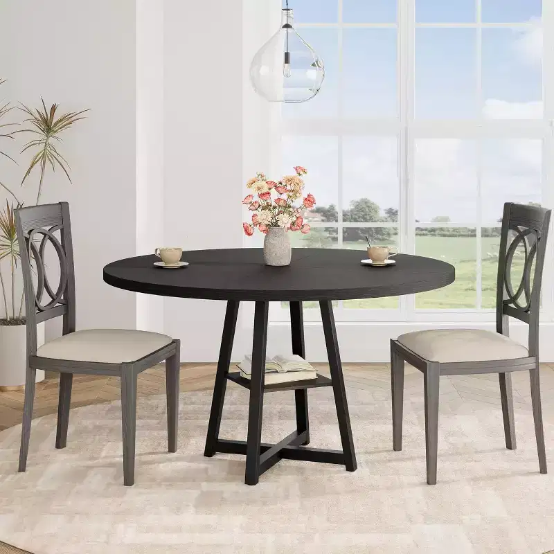 47 Inch Round Dining Table Kitchen Table with Storage Shelf and Wooden Top,Dinner Table for 4, Farmhouse Circle Tables for Dining/Living Room, Kitchen