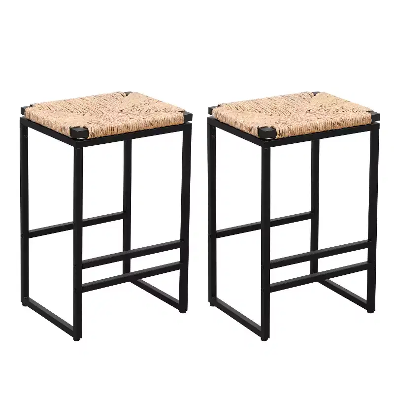 Okak 25Paper Rope Woven Backless Bar Height Stools Set of 2, Counter Stools with Footrest for Dining Table&Kitchen Island