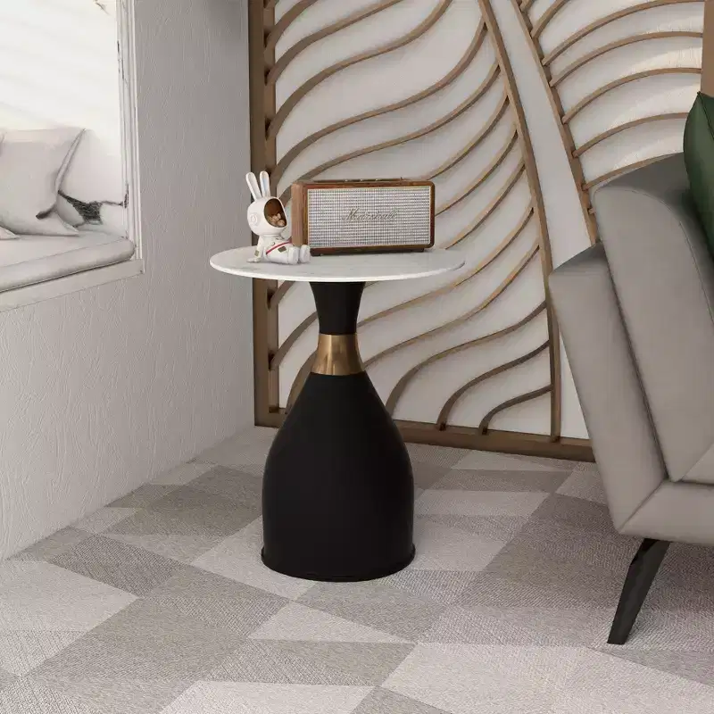 LeisureMod Bento Sintered Stone Top Side Table - Black Pedestal Base Nightstand