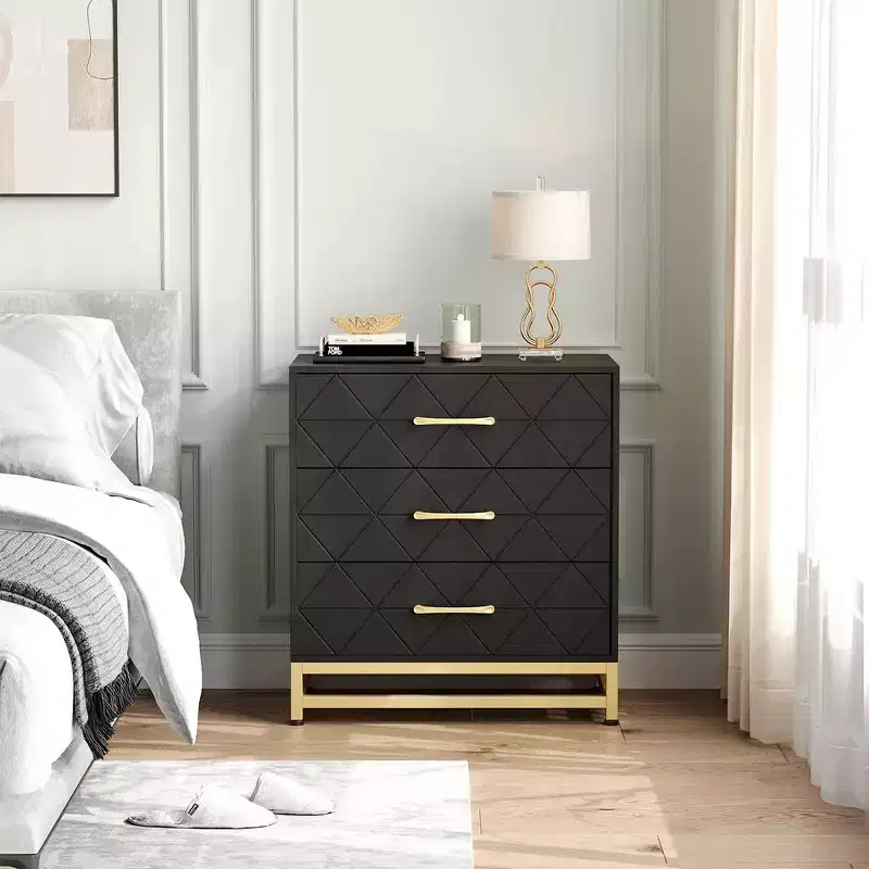 3-Drawer Wood Dresser with Gold Handles – Modern Bedside Nightstand