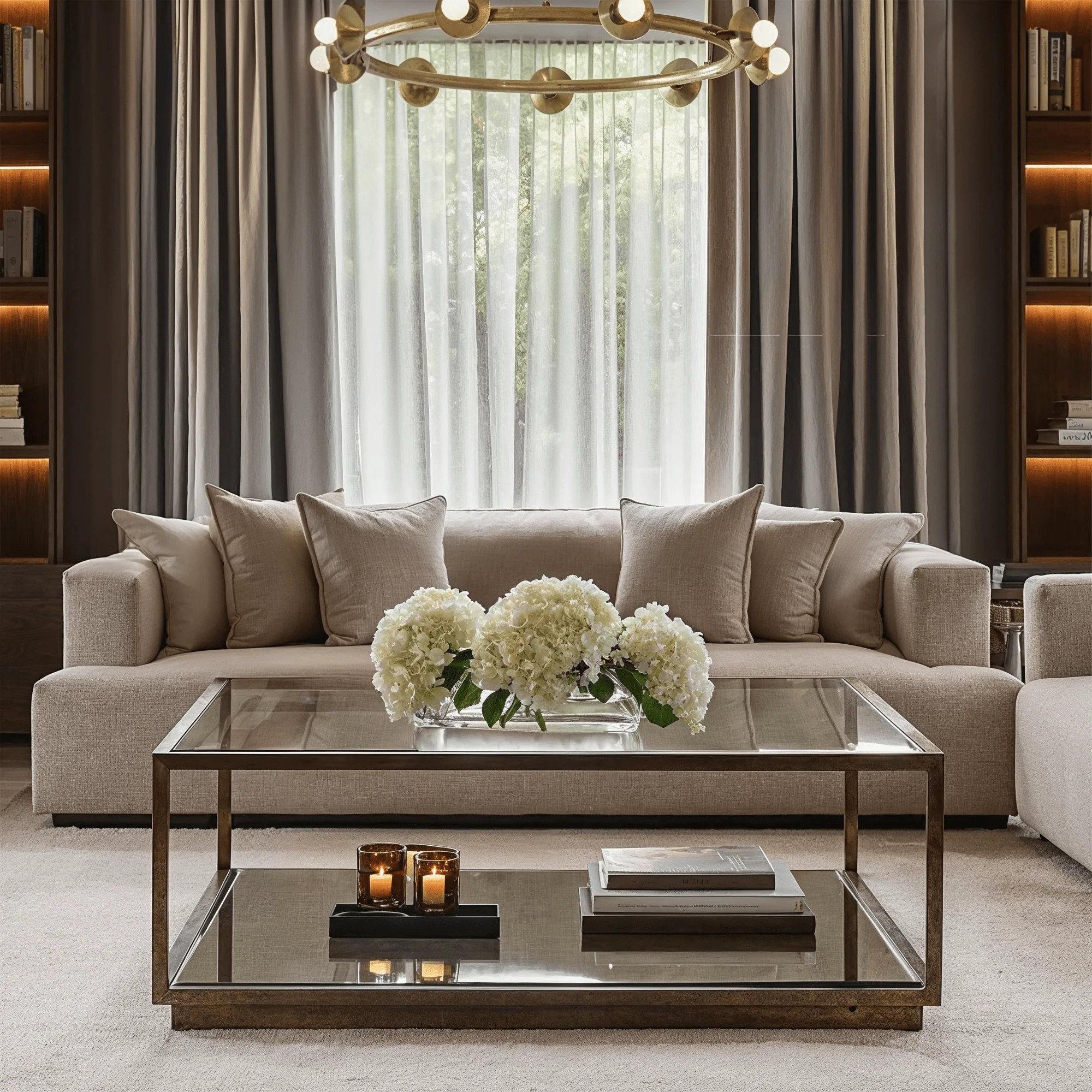 Bronze & Glass Coffee Table with Mirrored Shelf