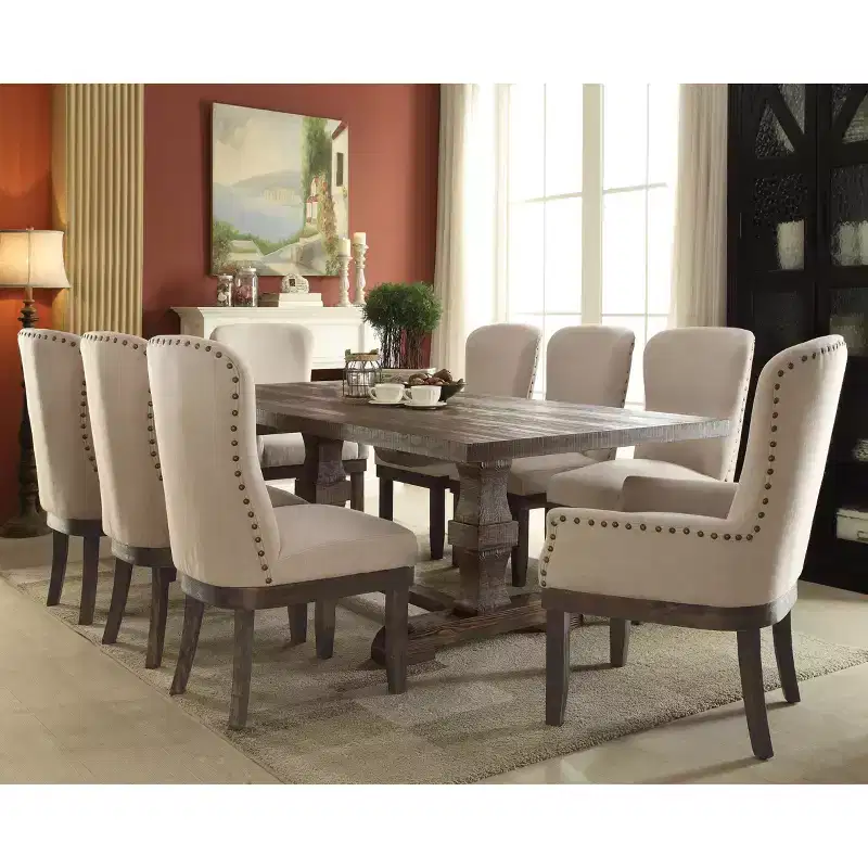 Arm Dining Chair Salvage Brown: Linen Upholstery, Nailhead Trim, Wood Frame