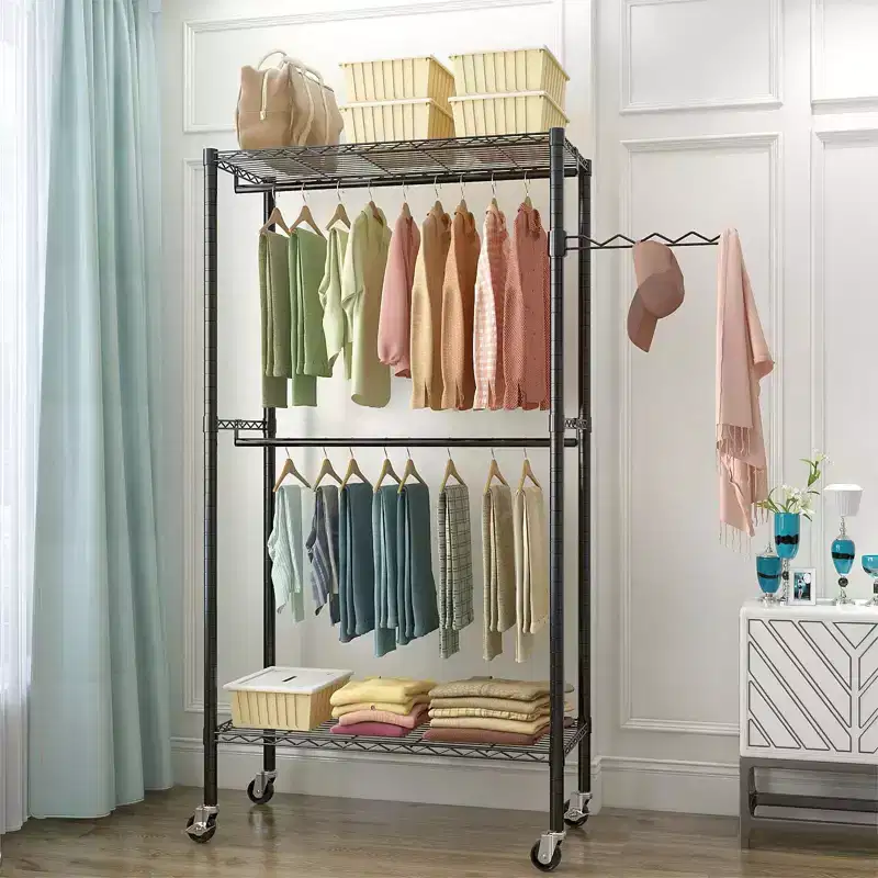 Karl Home Black Carbon Steel Coat Rack with Double Crossbars 35.4x17.7x70.9 Inches Adjustable Layer Spacing