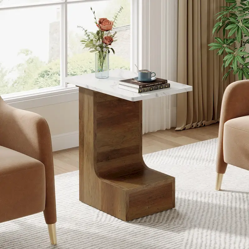 2-Tier C-Shaped Sofa Side Table, Bedside End Table with Faux Marble Tabletop, C Table for Sofa, Bedroom, Living Room