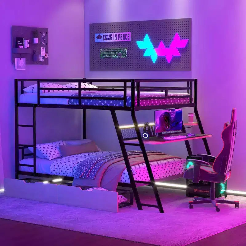Full Size Metal Full Size Bunk Bed with Desk, Full over Full Heavy Duty Metal Bunk Bed with Light and 2 Drawers, Black