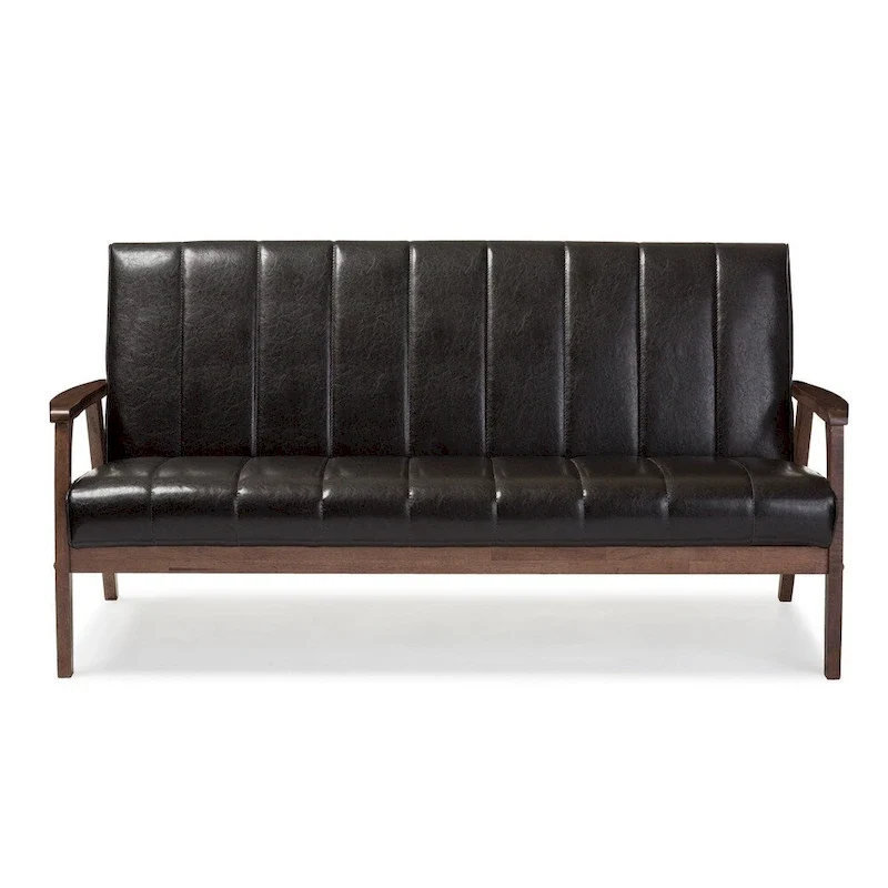 Mid-Century Scandinavian 3-Seater Sofa | Dark Brown Faux Leather | Wooden Frame