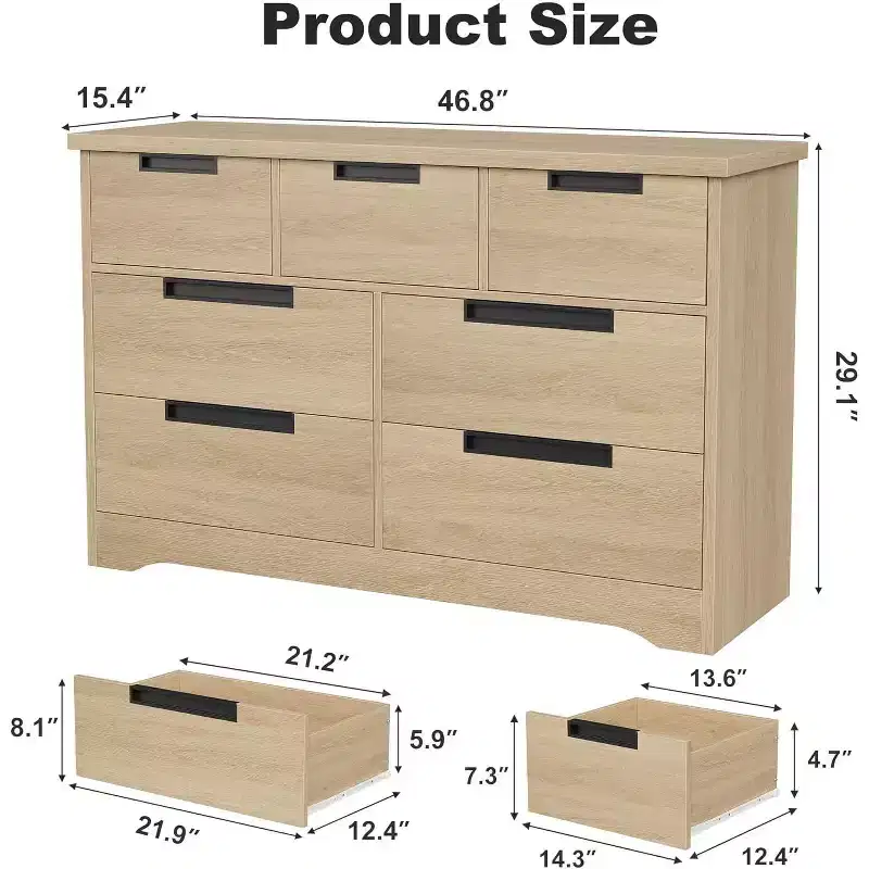 COZONY 46.8'' Wide 7 Drawer Dresser, Natural Oak Wooden Storage Chest with Embedded Handles