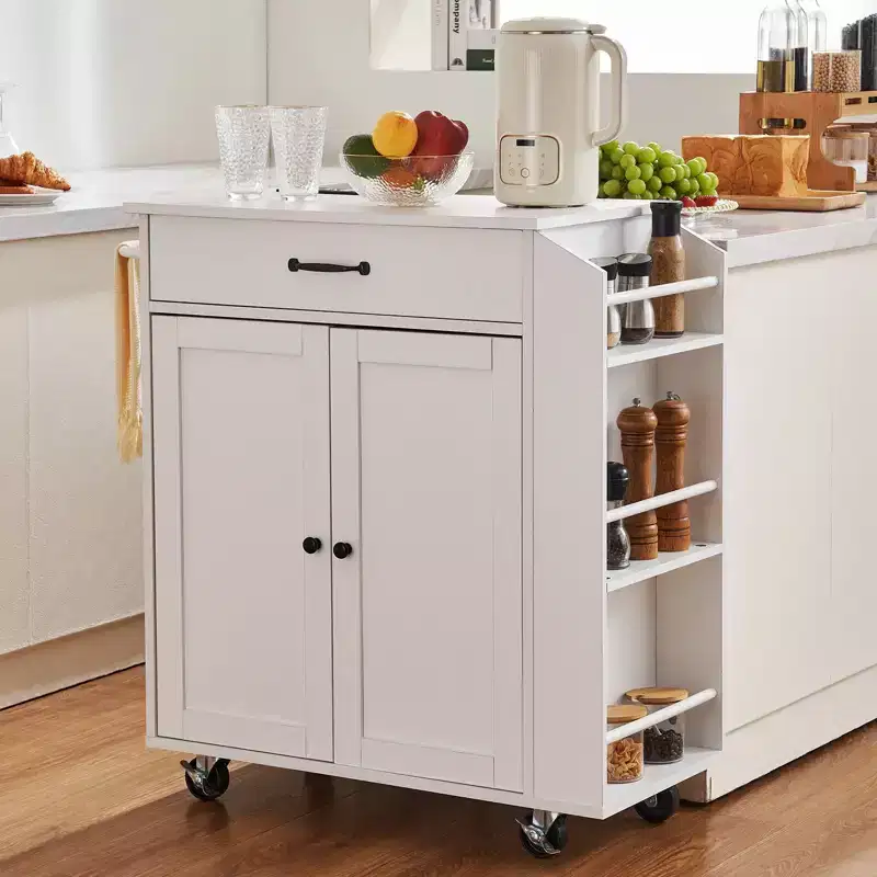 Kitchen Island Cart, 32 Mobile Carts with Storage Cabinet, Rolling Table with Power Outlet, Spice Rack