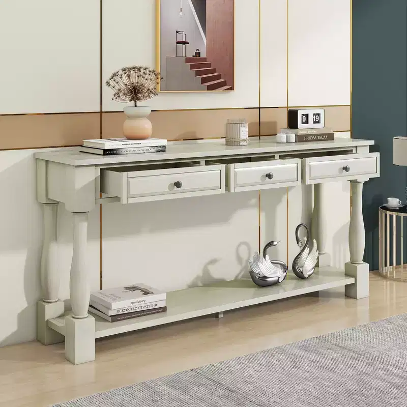 Whisen Mediterranean Style Rectangle Wood Long Console Table with Drawers and Shelf