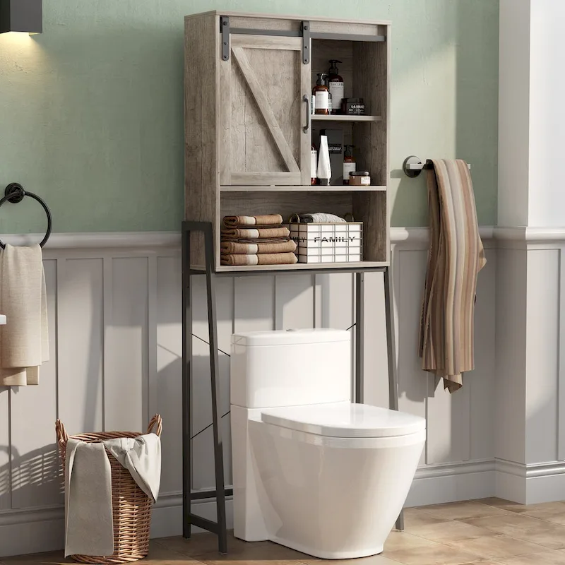 Over-Toilet Storage Cabinet with Sliding Barn Door and Adjustable Shelves