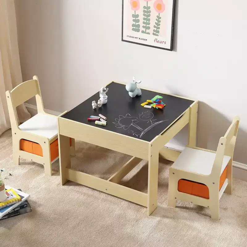Kids Table and Chair Set with Storage Boxes Reversible Whiteboard Blackboard Top - Ages 2-8