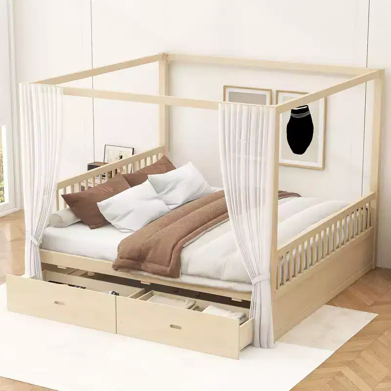 Queen Size Wooden Canopy Bed Frame with 2 Built-in Storage Drawers, Sturdy Durable Construction