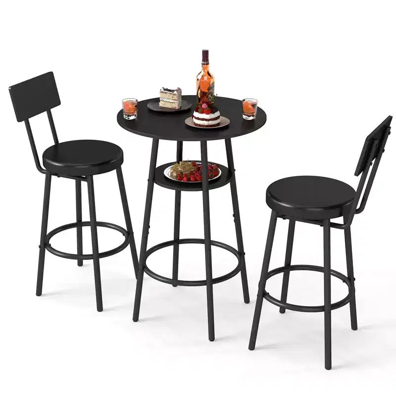 Zevemomo 3 Pieces Round Bar Table Set, Small Dining Table for 2, with Storage,2 Thickened Cushion Stools with Backrest for Dining Room & Bistro-Black