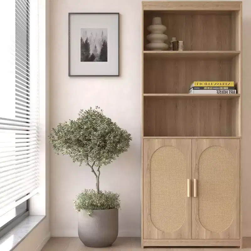 Karl Home Bookshelf 5 Tier Book Shelf Rattan Tall Bookcase with Doors Storage