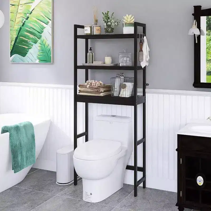 Black 3-Tier Adjustable Over-Toilet Storage Shelf, Freestanding