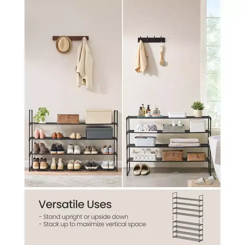 4-Tier Metal Shoe Rack for 25-30 Pairs, Stackable & Reversible, Black Entryway Organizer
