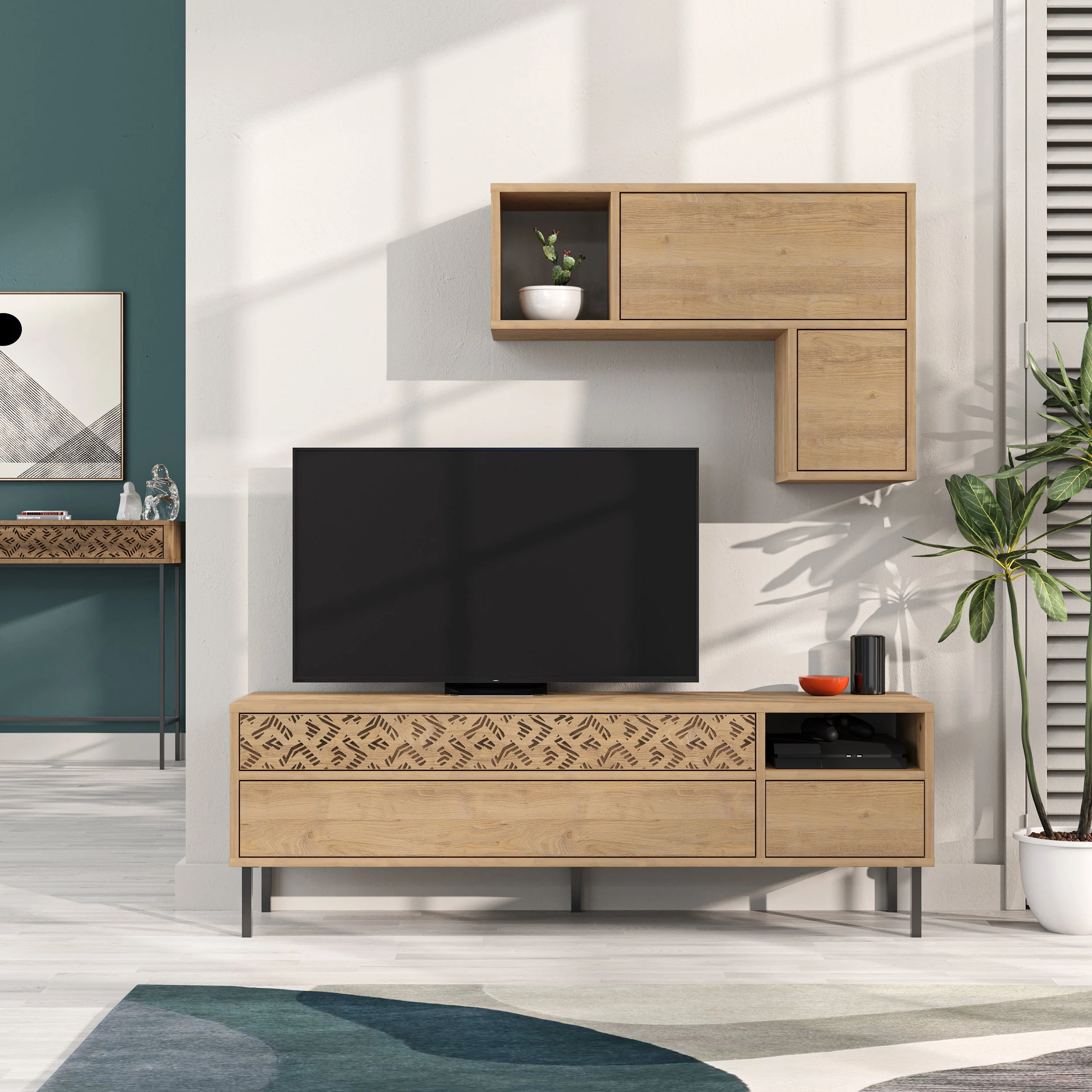 Modern Tv Unit With Storage And Wall Shelf 144.6cm