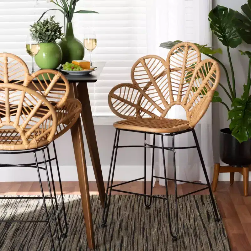 Garan Rattan and Metal Counter Height Barstool Natural/Black - bali & pari: Bohemian Style, 24.5 Seat Height